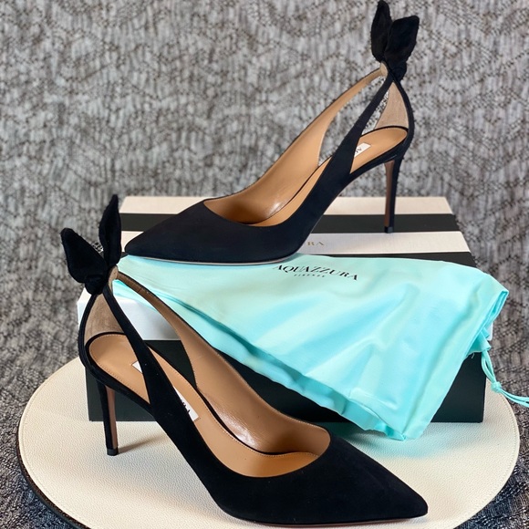 Aquazzura Bow Tie Pump 85mm Heels Black Size 37.5 - Picture 1 of 16